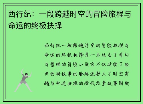西行纪：一段跨越时空的冒险旅程与命运的终极抉择